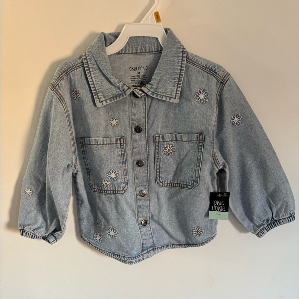 Okie Dokie Light Blue Jean Jacket with Floral Embroidery